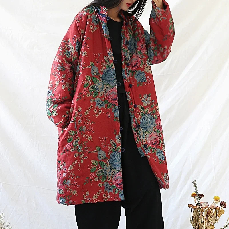 Vintage Trench Coat - Chinese Style Clothing Warm Cotton Print