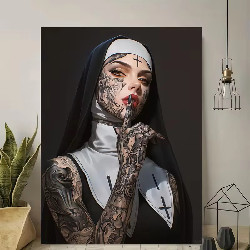 Fashion Girl Tattoo Nun Canvas - Vintage Fashion Illustration 评论和价格
