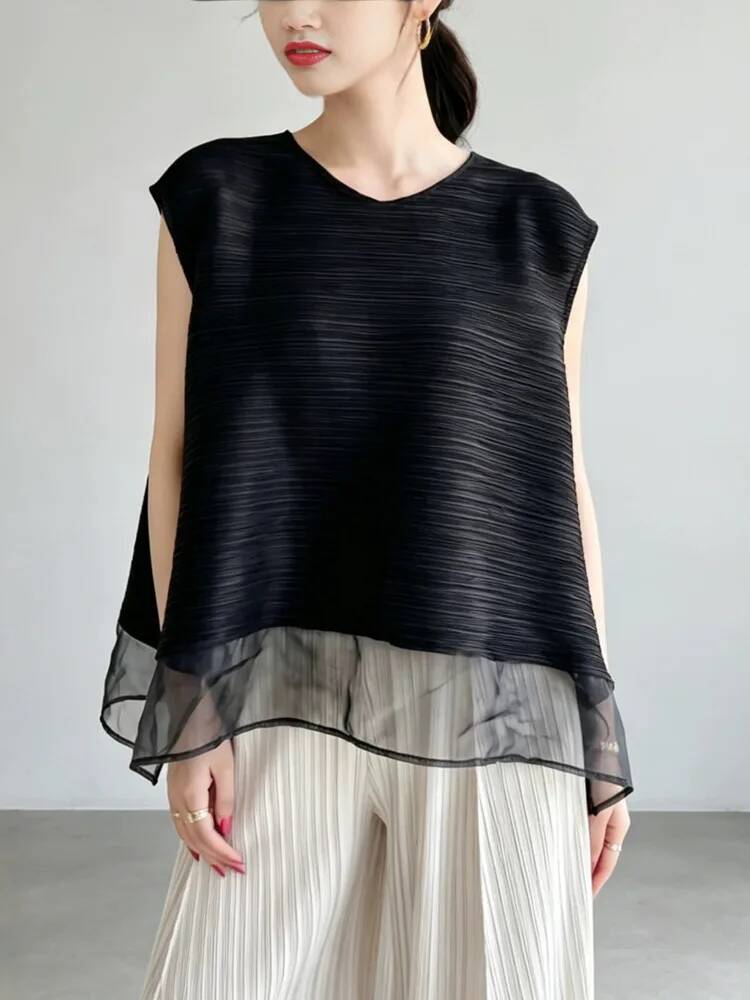 Fashion Mesh Patchwork Pleated - Vintage Fashion Build 评论和价格